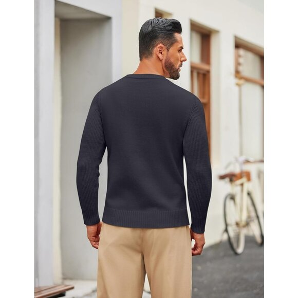 Coofandy Men Navy Blue Crewneck Pullover Twist Textured Fisherman Sweater - Picture 5 of 5